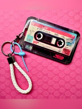 New Retro 80s 90s Style Cassette Tape ID Card Holder & Woven Keychain Handle
